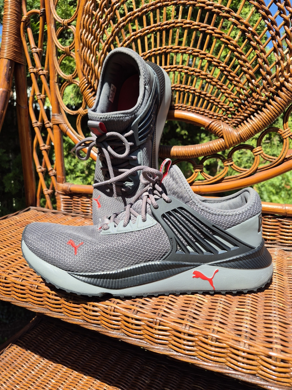 PUMA Men’s Gray Mesh Running Sneakers with Red Accents